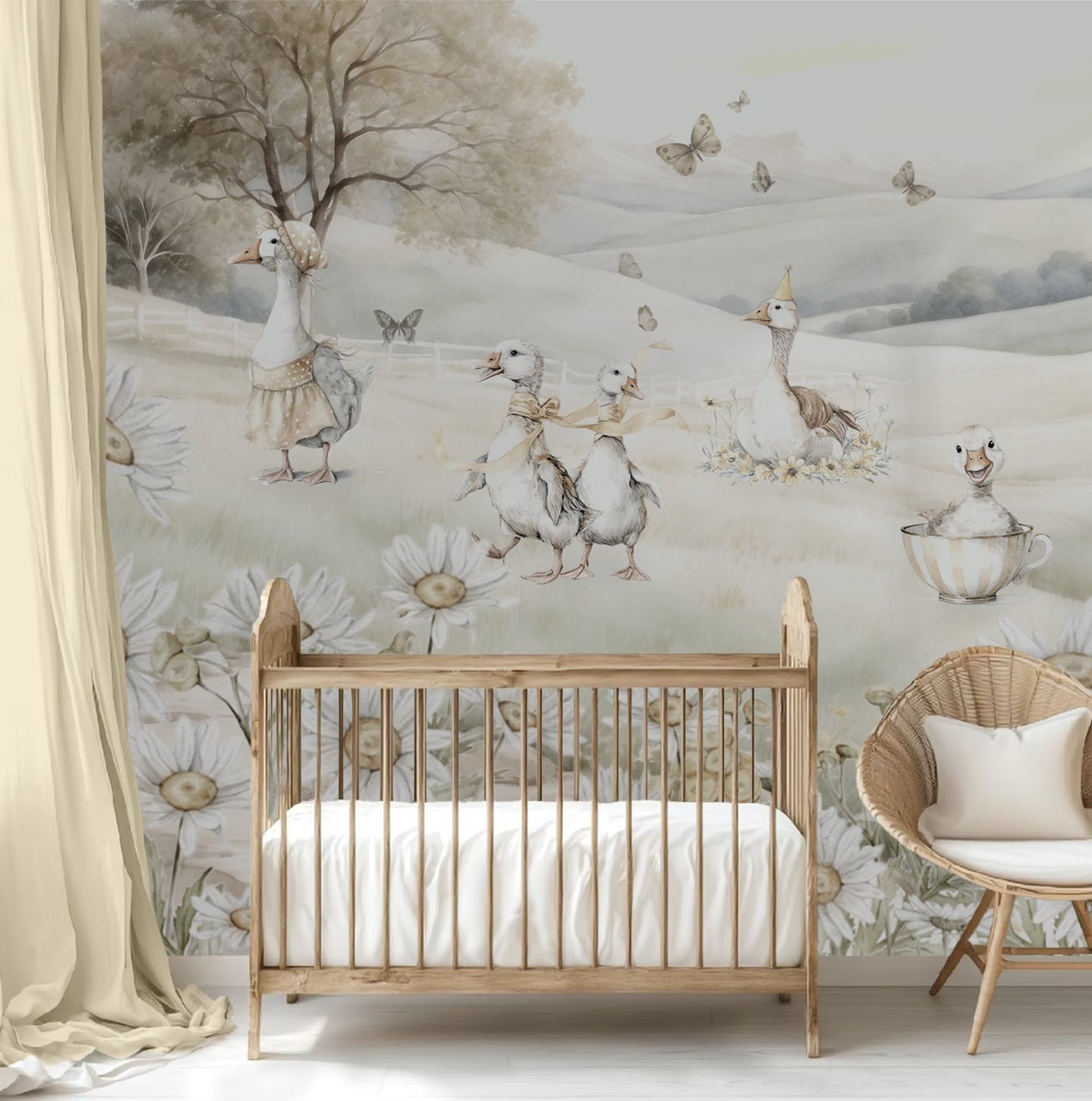 Nursery room with wooden crib and floral wallpaper featuring ducks and butterflies.