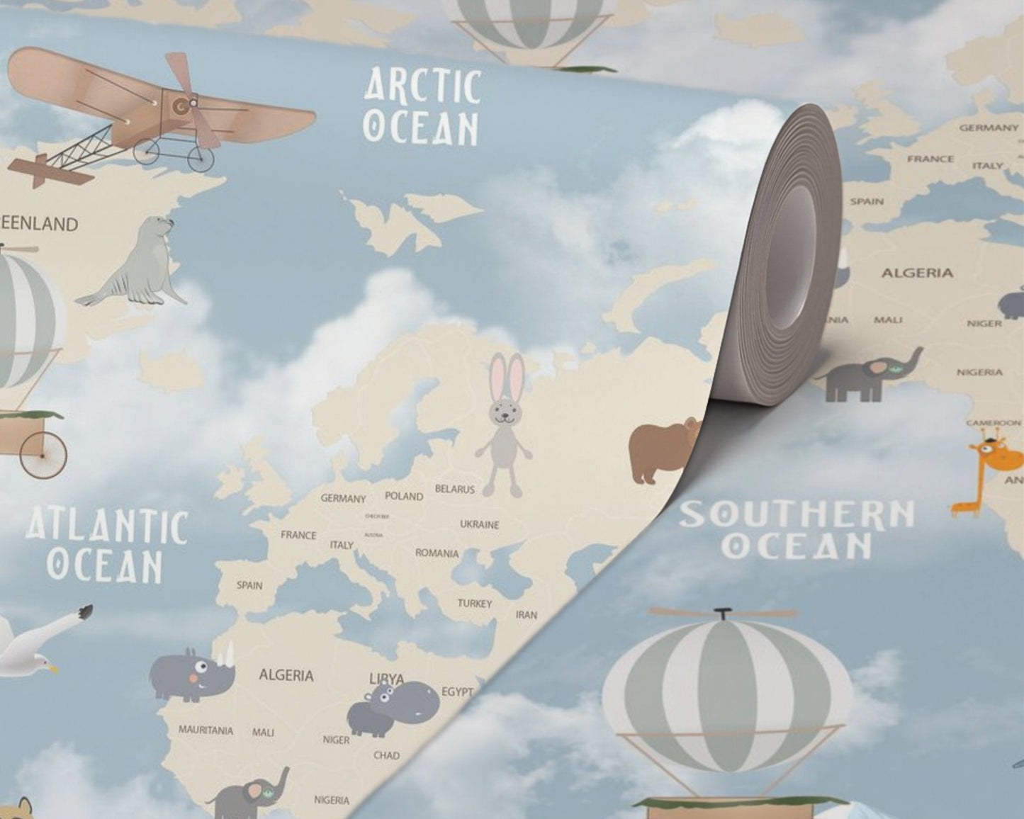 Children's world map with animals and vehicles on a blue background