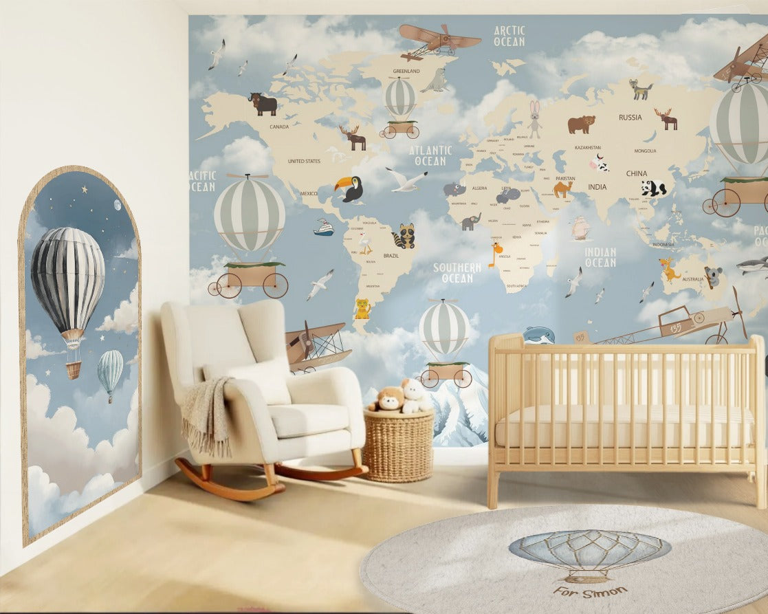 Nursery room with world map wall mural, crib, and rocking chair.