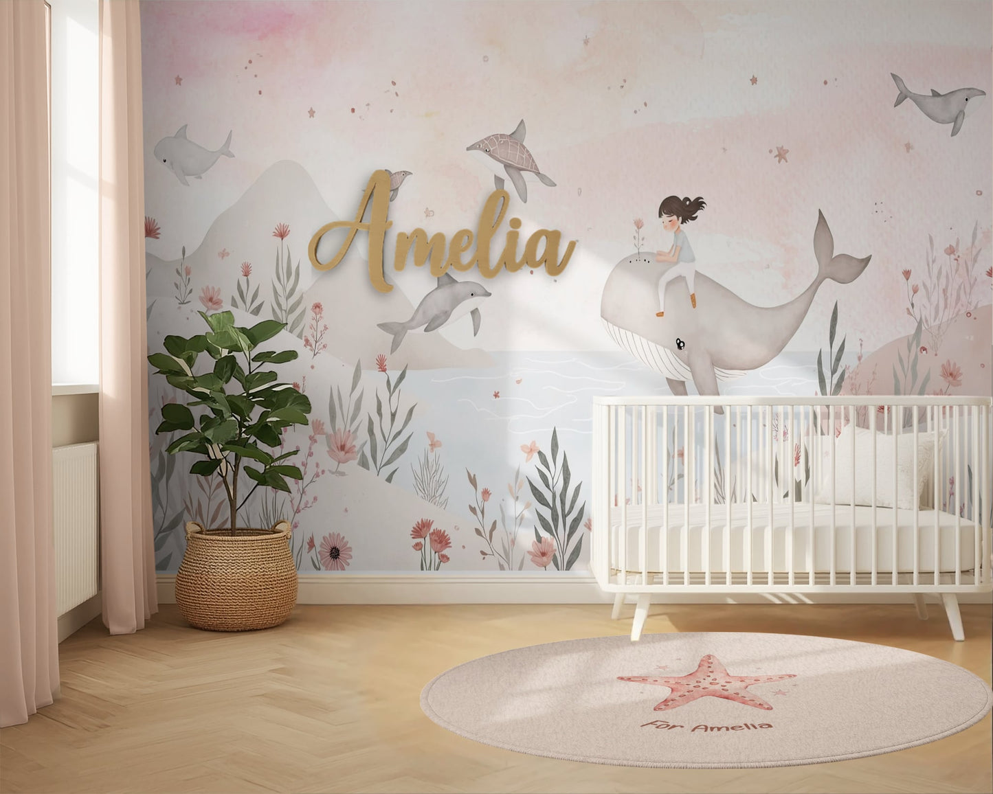 Children's room with a crib, wall mural, and decorative elements.