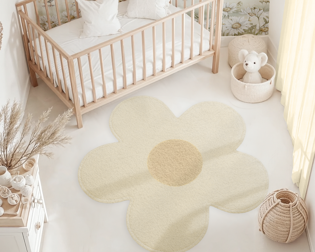 Nursery room with a wooden crib, flower-shaped rug, and decorative elements.
