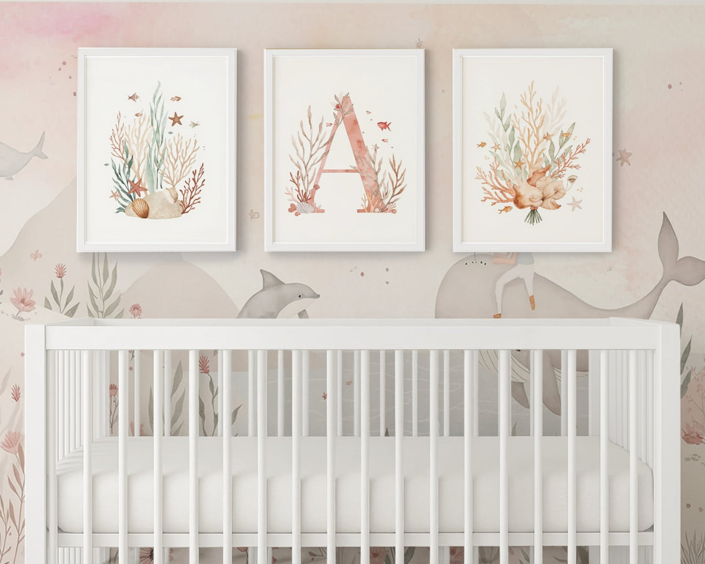 Nursery room with a crib and wall art featuring coral and letter 'A'.