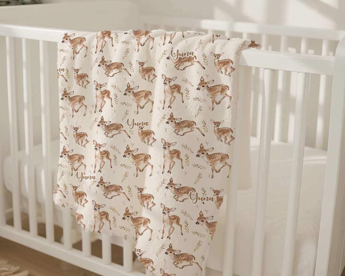 Personalisierte Babydecke Winterwald – individuell bestickter Name, weiche Babydecke, Geschenk für Neugeborene und Kinderzimmerdekoration)