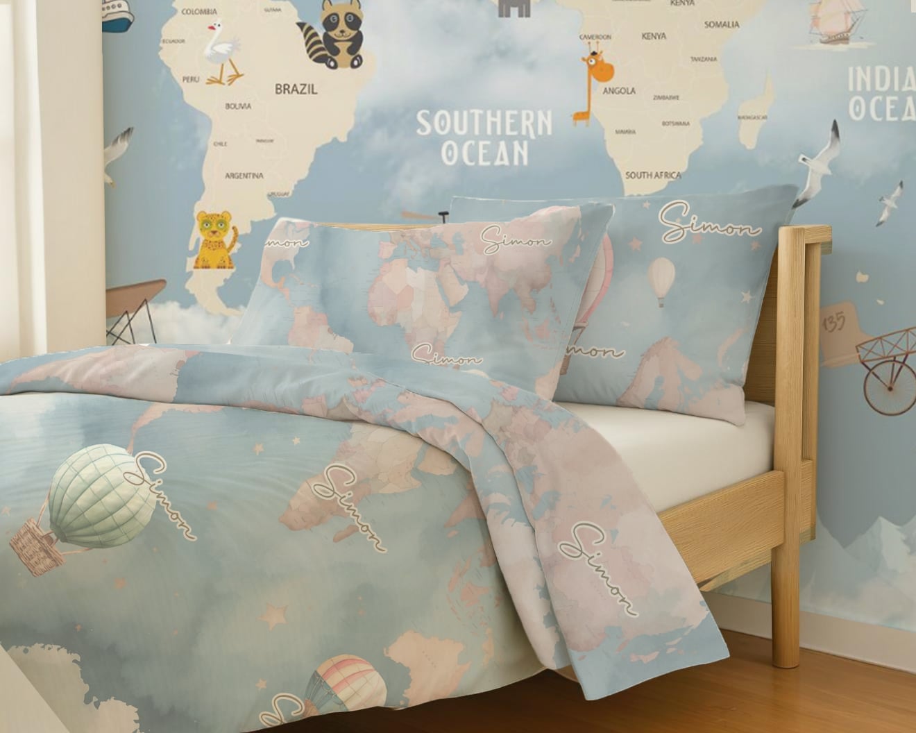 World Map Personalized Kids Bedding Set – Toddler & Junior Sizes