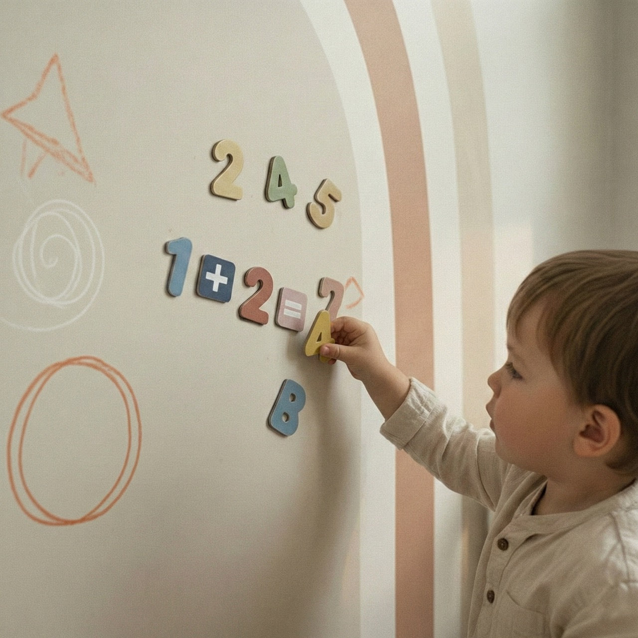 Close-up of a toddler’s hand placing a magnetic number on a pastel arch wall sticker