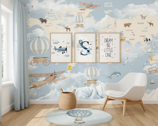 Children's room with world map wallpaper, chair, and decorative items.