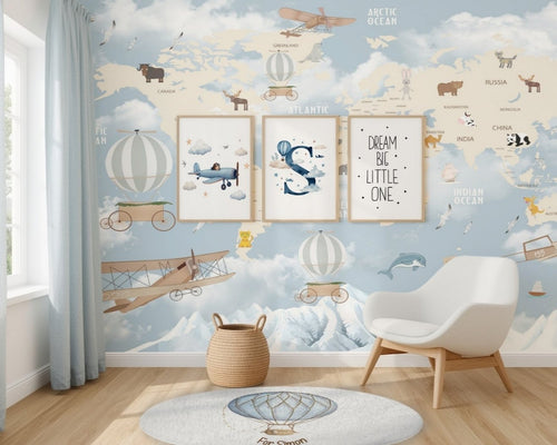 Children's room with world map wallpaper, chair, and decor elements.
