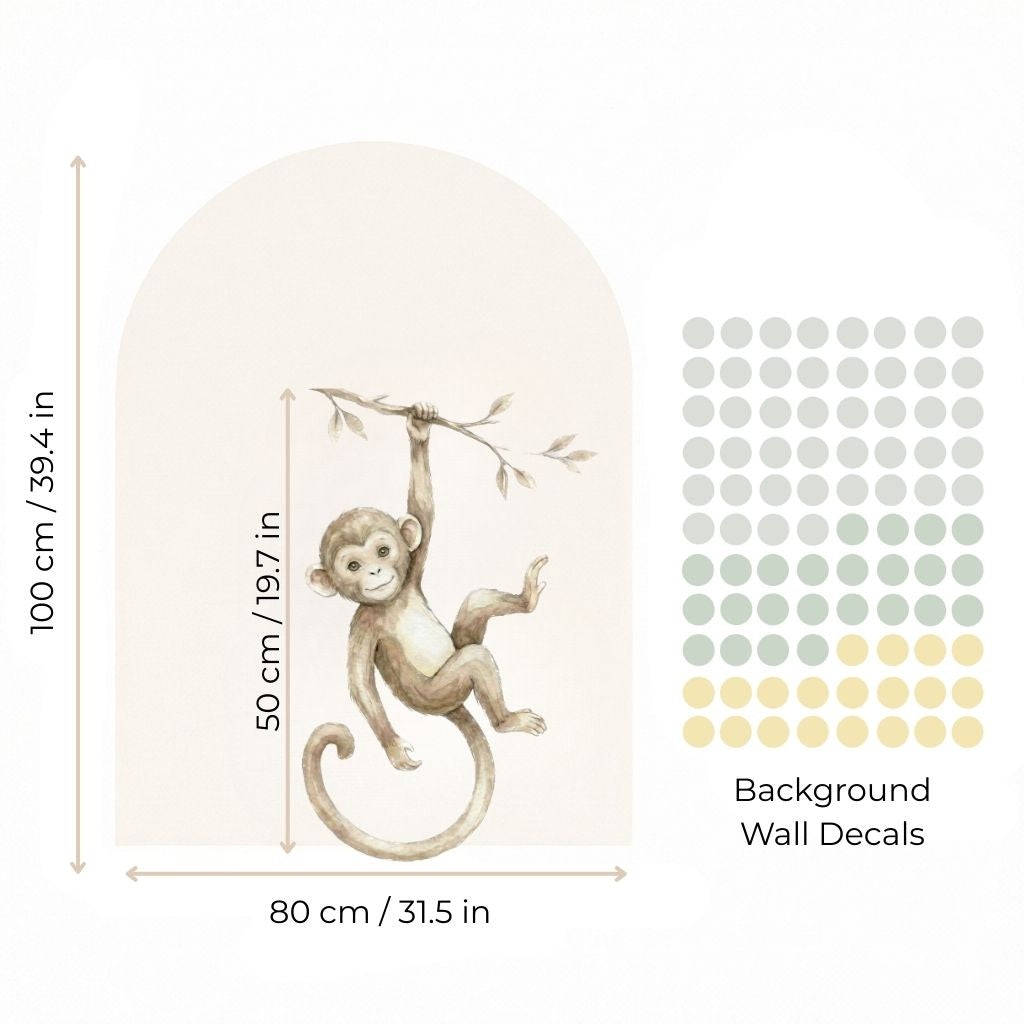 Wall decal of a monkey on a branch with dimensions and color swatches.
