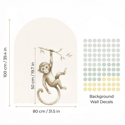 Wall decal of a monkey on a branch with dimensions and color swatches.