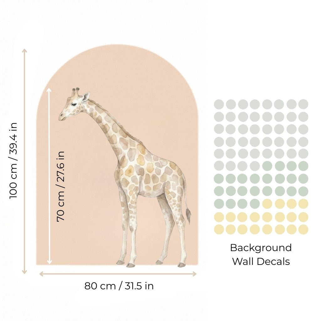 Giraffe wall decal with measurements and color swatches on a beige background