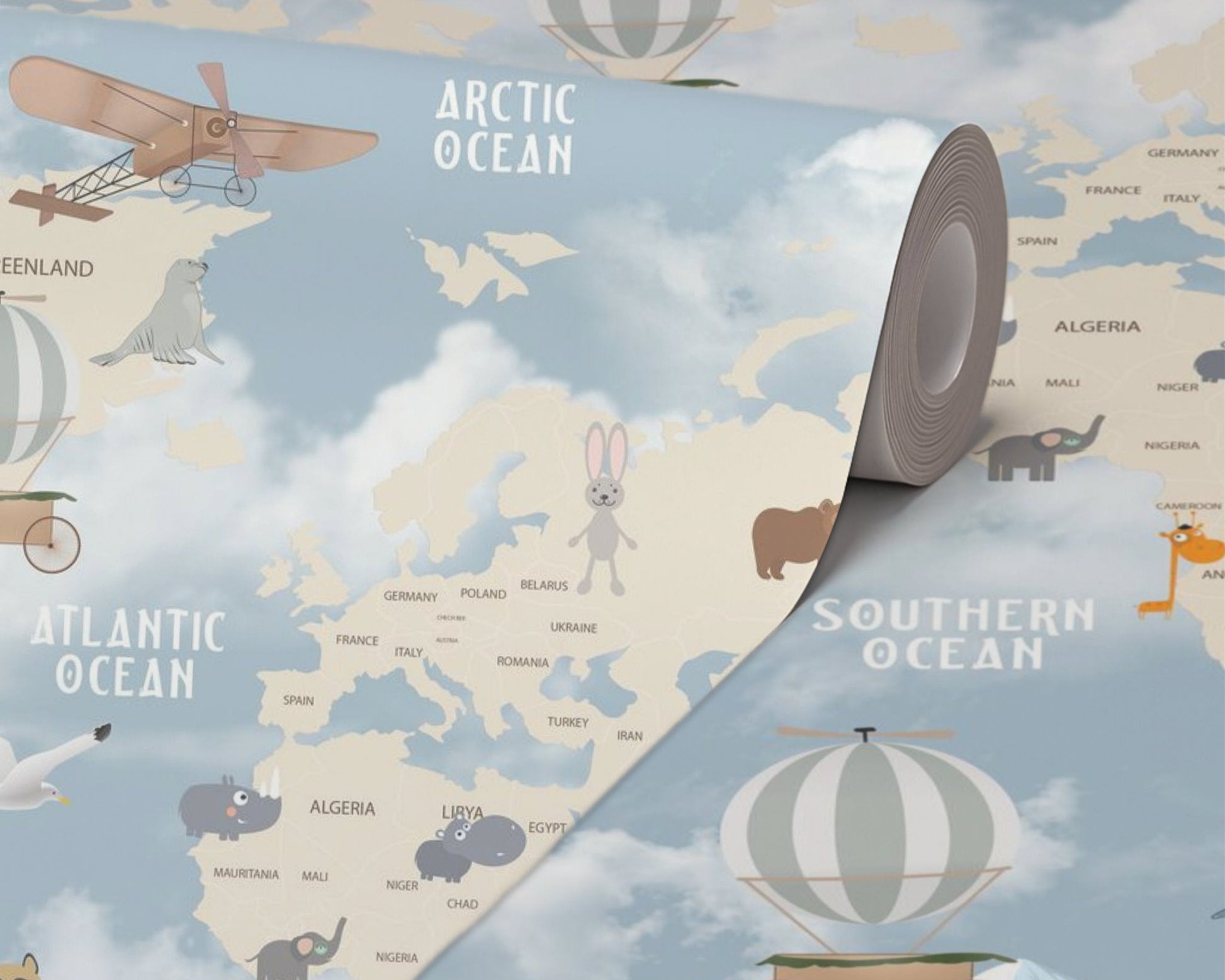 Children's world map with animals and vehicles on a blue background