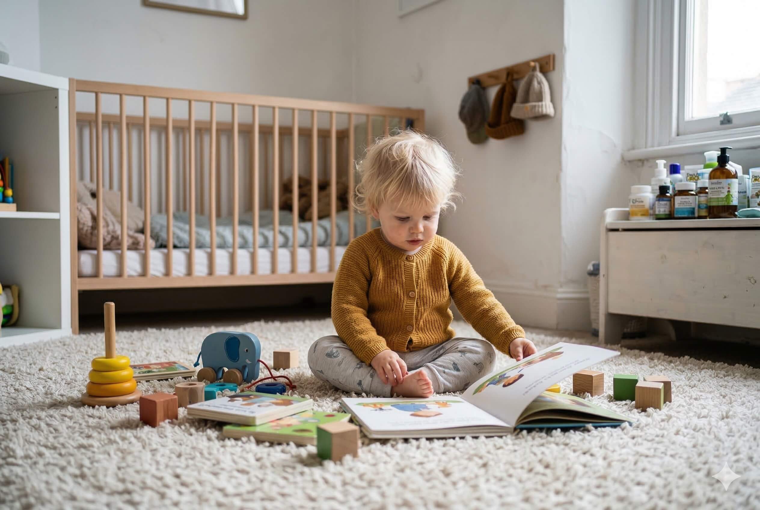 Child playing with books and toys on a carpeted floor in a room with a crib and shelves.