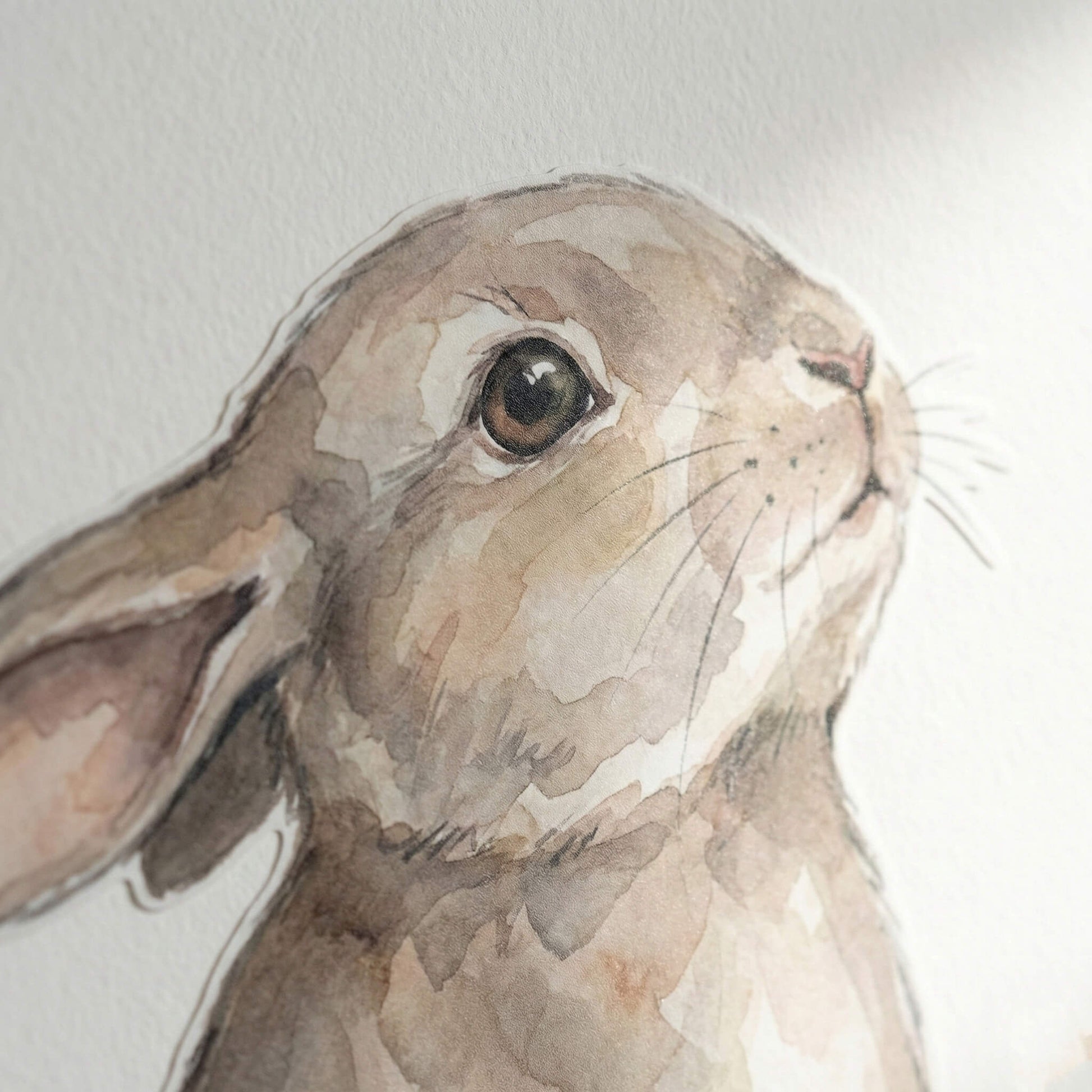 Watercolor bunny wall sticker detail on matte arch wall panel for nursery and toddler room decor