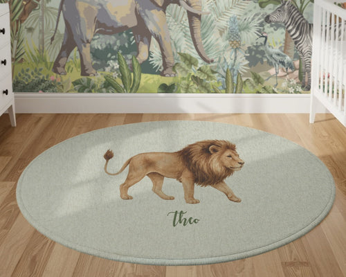 Custom Safari Baby Toddler Rug – Lion Theme Round Carpet with Name