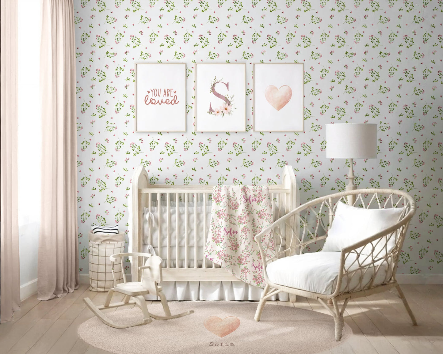 Nursery room with floral wallpaper, crib, rocking chair, and decorative elements.
