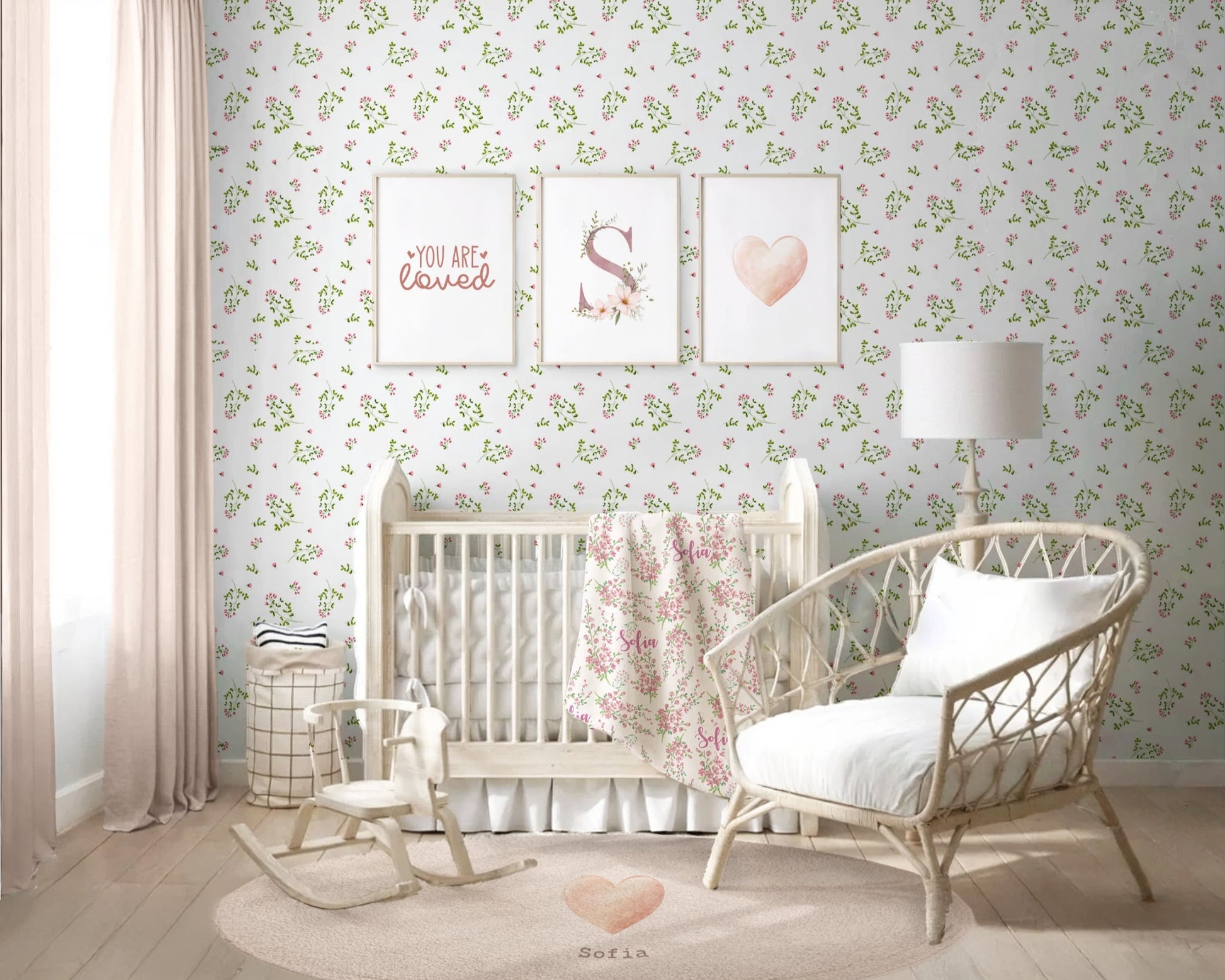 Nursery room with floral wallpaper, crib, rocking chair, and decorative elements.