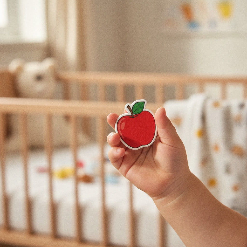 Hand holding a red apple-shaped object in front of a crib