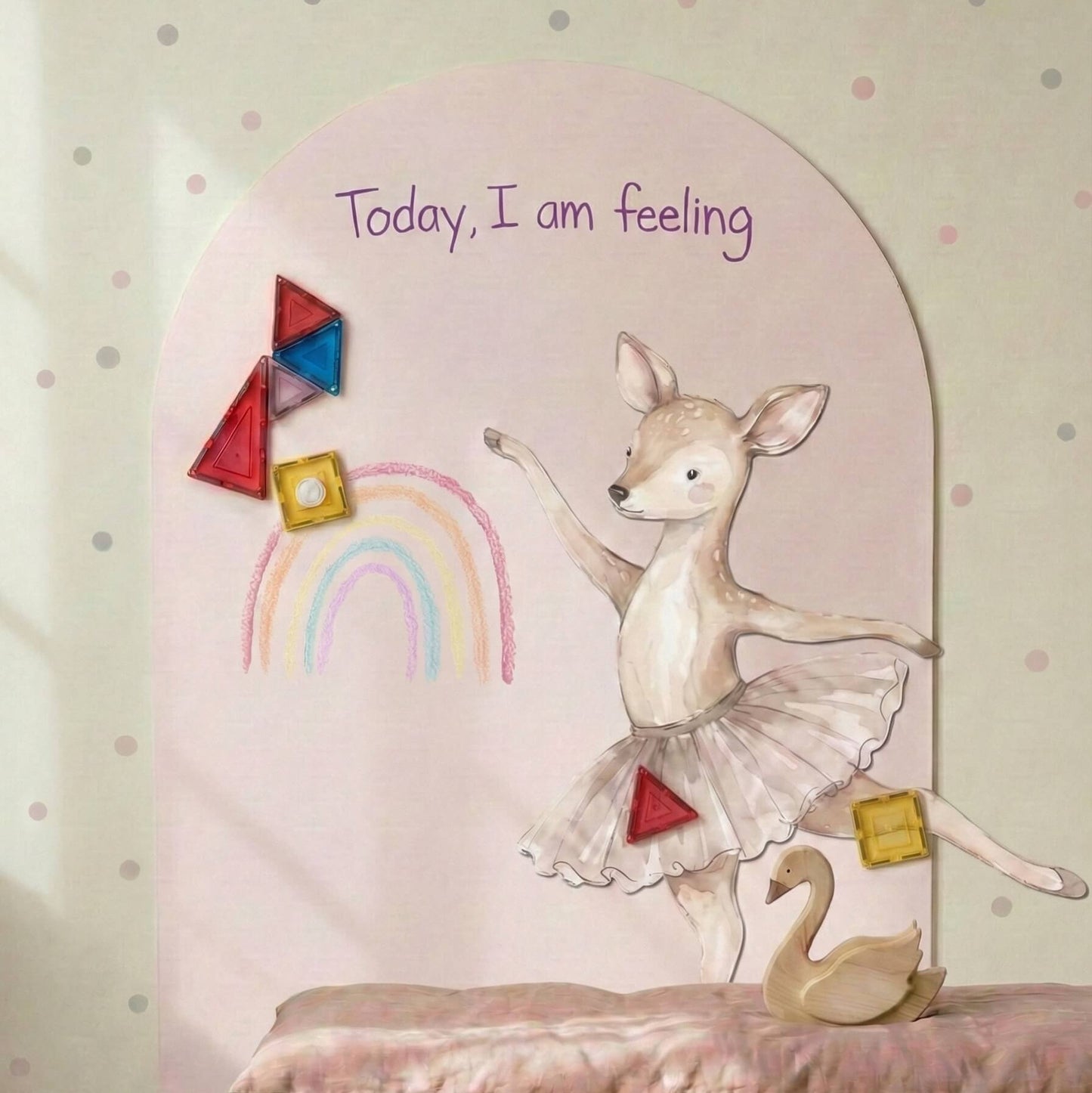 Ballerina deer wall sticker styled on a light pink arch wall in a soft nursery, creating a calm and dreamy ballet-inspired space for children.