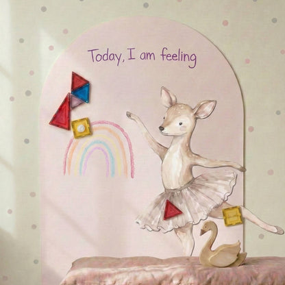 Ballerina deer wall sticker styled on a light pink arch wall in a soft nursery, creating a calm and dreamy ballet-inspired space for children.