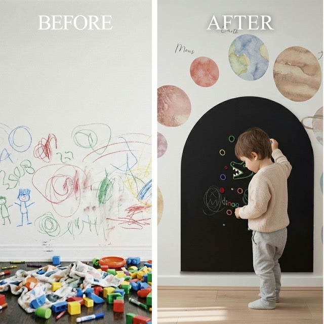 Before and after comparison of a children’s playroom, showing a magnetic arch wall creating an organized and creative drawing space.