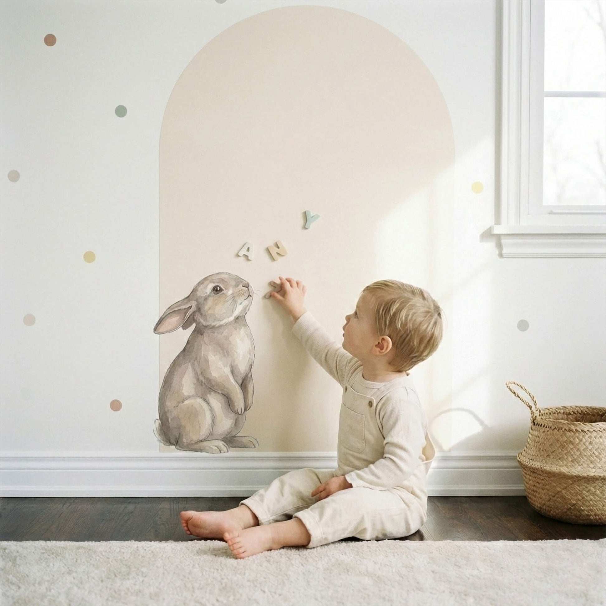 Minimalist bunny story wall arch with Montessori learning magnets and soft atmosphere dot stickers
