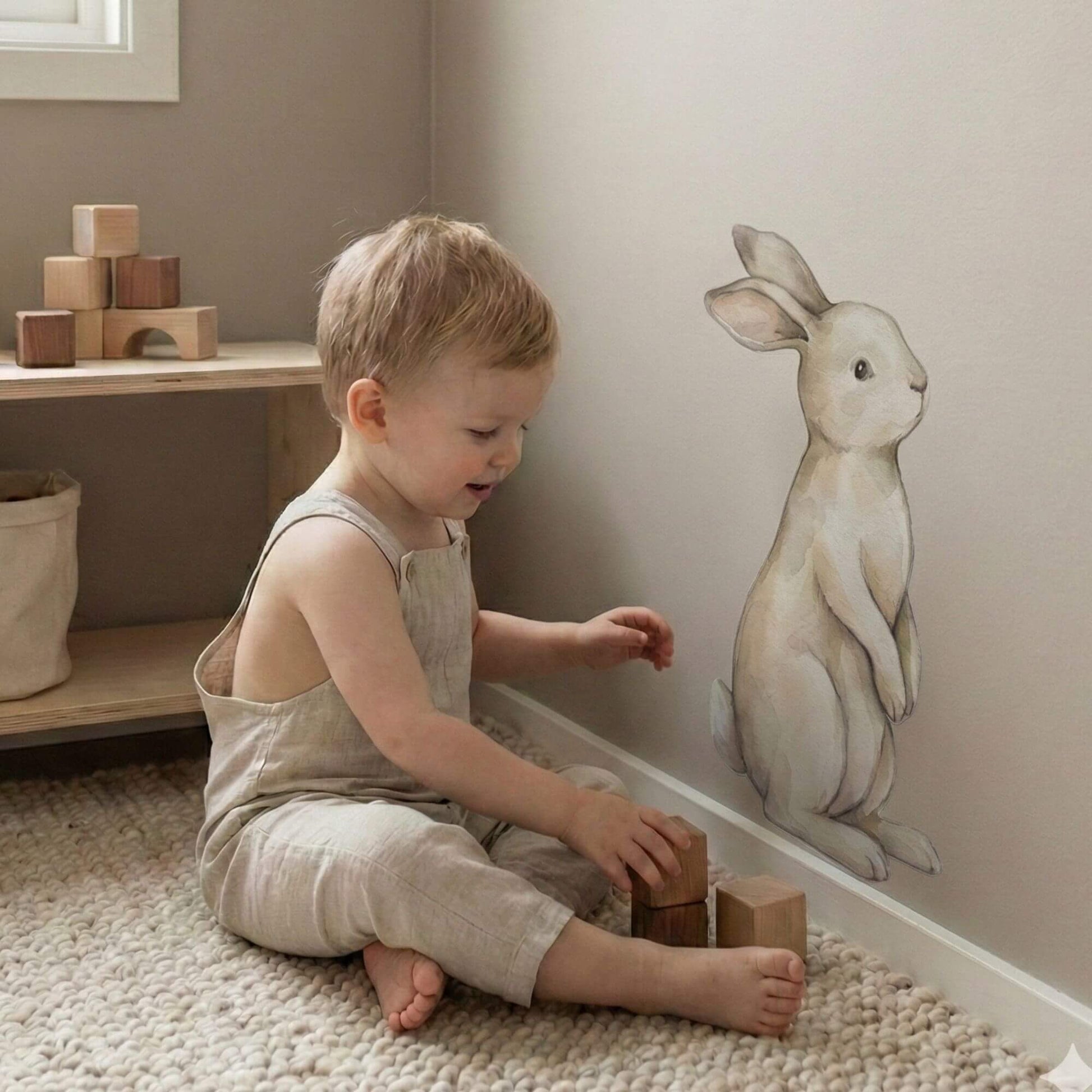 Watercolor bunny wall sticker in toddler playroom with child playing wooden blocks in calm nursery interior