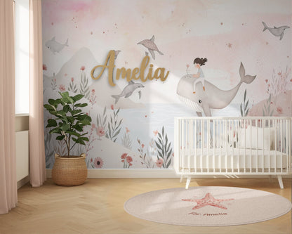 Children's room with a crib, wall mural, and decorative elements.