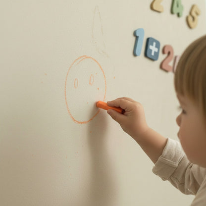 Toddler drawing with orange chalk on a magnetic arch wall sticker in a soft neutral nursery