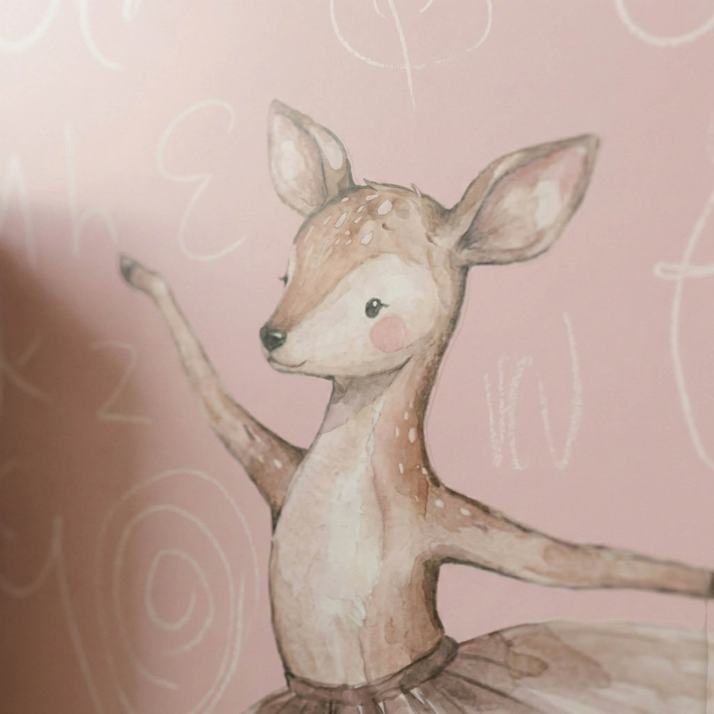 wall stickers deca;s of a deer in a ballerina pose on a pink magnetic wall with decorative elements.