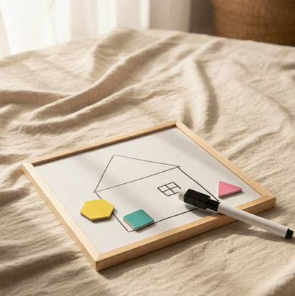 A child's hand-drawn house on a magnetic whiteboard with colorful wooden shapes and a marker.