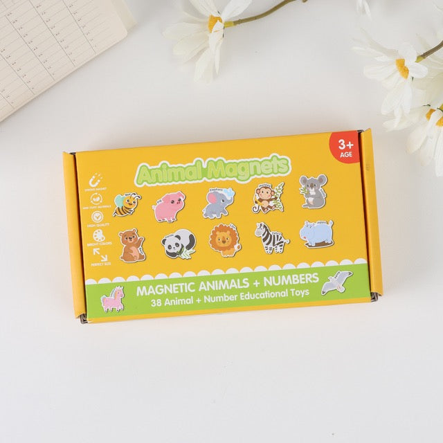 Complete 38-piece magnetic animals and numbers educational set with storage box.