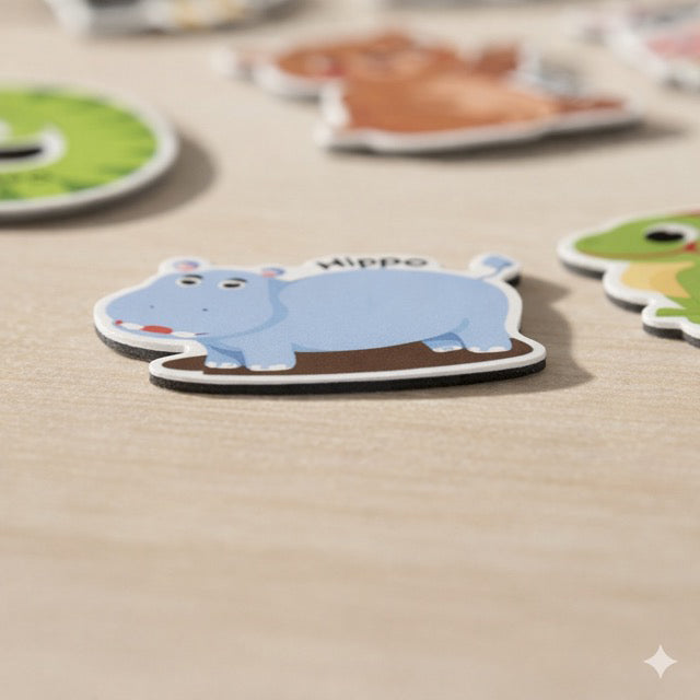 Close-up of a hippo magnet showing the 1.5mm thickness for durable toddler play.