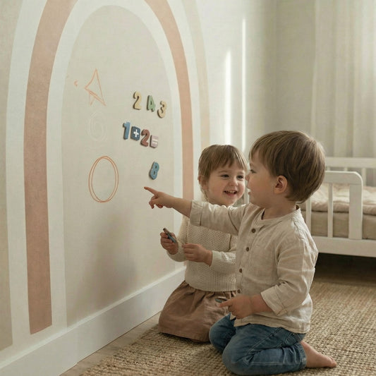 Two toddlers playing together with magnetic numbers on a pastel rainbow arch wall sticker in a calm nursery room