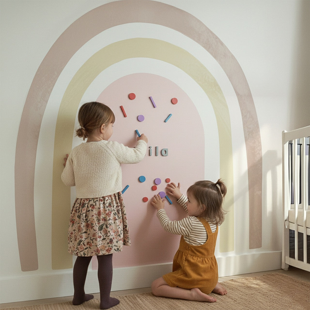 Two toddlers playing together on a pastel rainbow magnetic arch wall with colorful magnetic shapes in a nursery