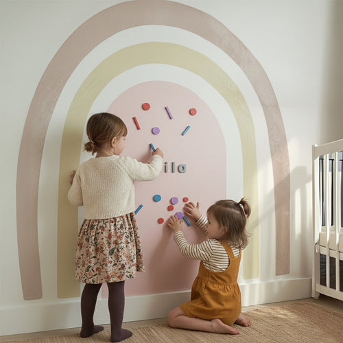 Two toddlers playing together on a pastel rainbow magnetic arch wall with colorful magnetic shapes in a nursery