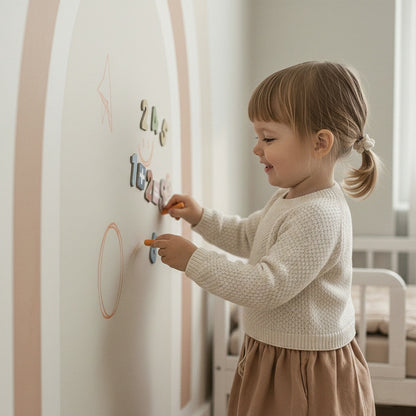Toddler playing with magnetic numbers on a pastel arch wall sticker in a Montessori-inspired room
