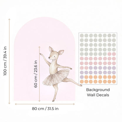 Wall decal of a ballerina deer with measurements and color swatch on a white background