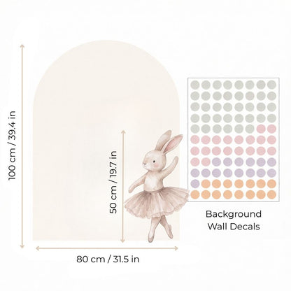 Measurement chart for a wall decal of a ballerina rabbit with color swatches.