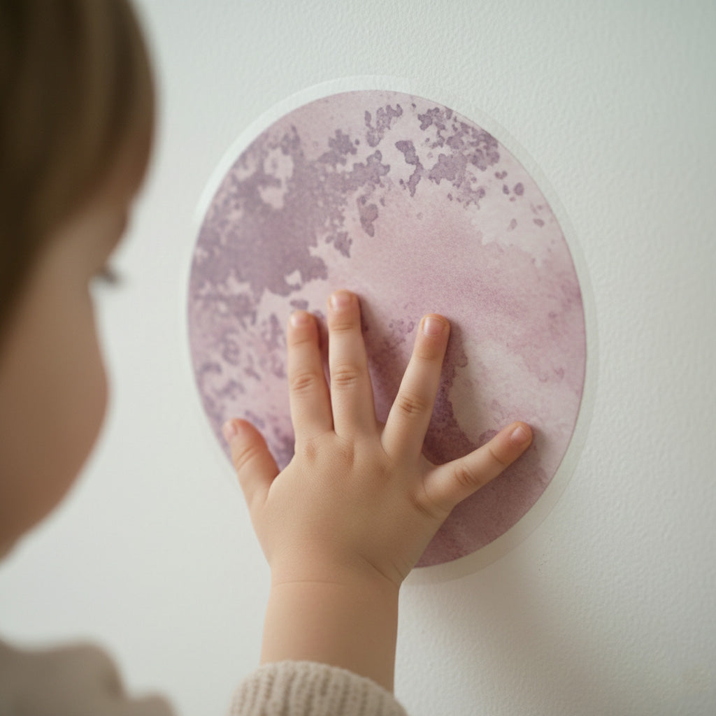 Close-up of a child touching a matte watercolor planet wall sticker, showing the soft texture and realistic finish.