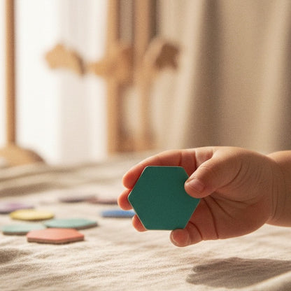 A toddler's hand holding a green magnetic wooden hexagon block to demonstrate size and grip.