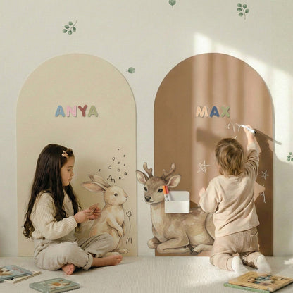 Personalized magnetic playwall with story characters and name arches for kids’ nursery