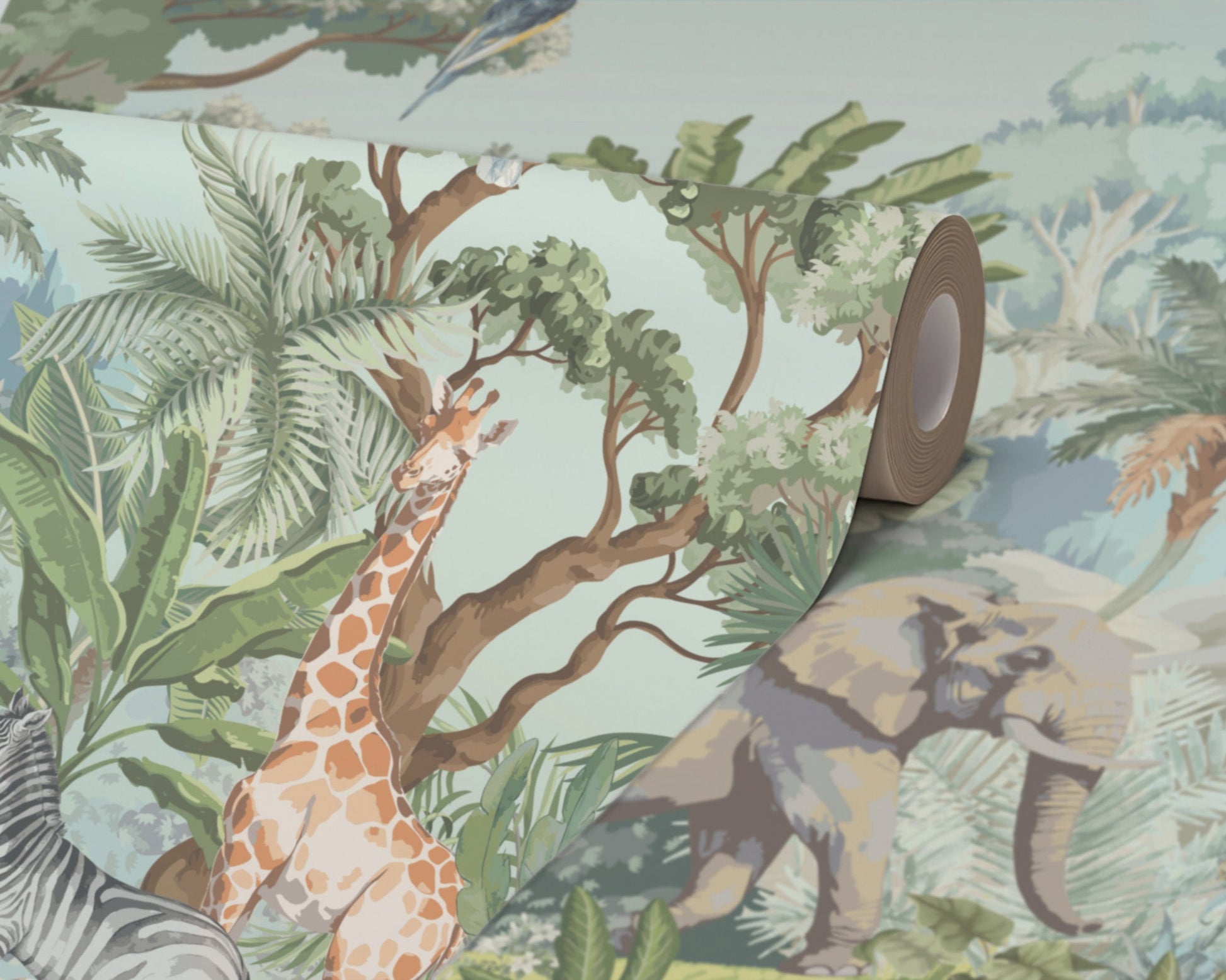 Jungle-themed wallpaper with animals and foliage