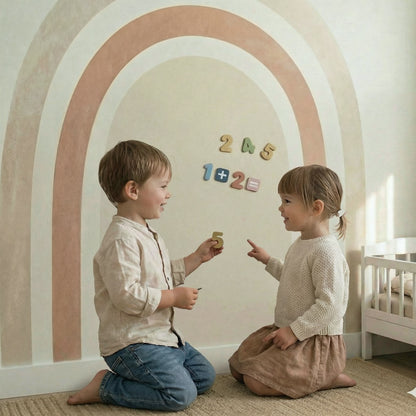Two toddlers sitting on the floor and playing together with magnetic numbers on an arch wall sticker