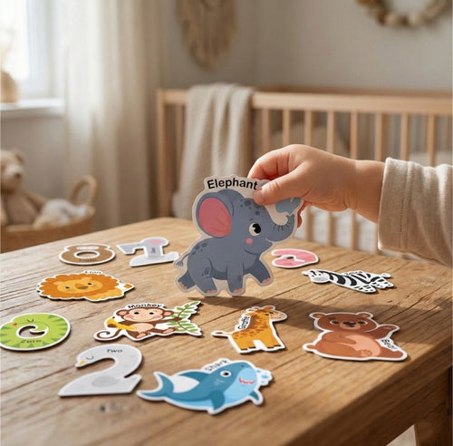 A child holding a large, easy-grip elephant magnet to demonstrate size and safety.