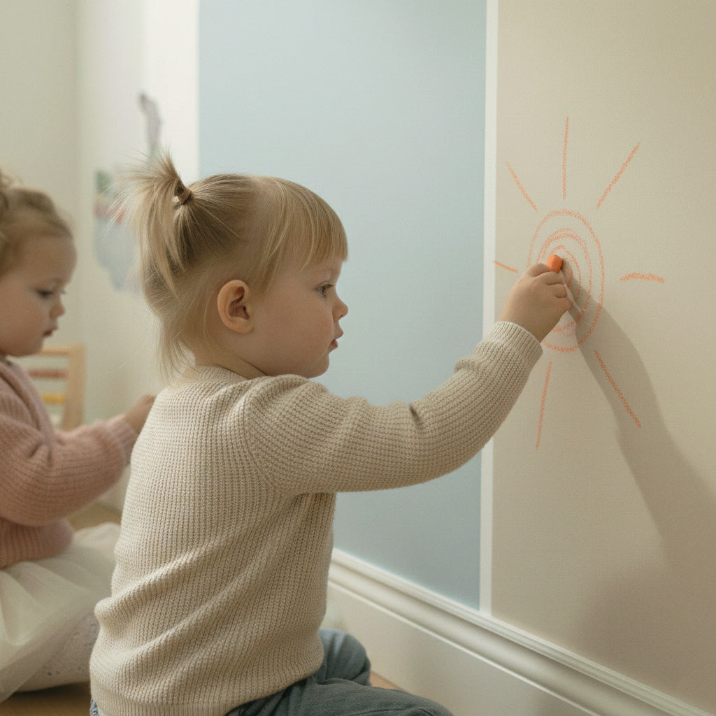 Toddler drawing a simple sun with orange chalk on a magnetic arch wall, showing natural child-made chalk lines.