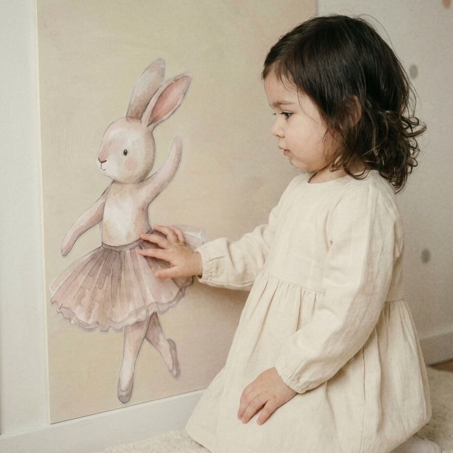Toddler touching soft watercolor deer ballerina wall stickers decals story character on magnetic nursery wall