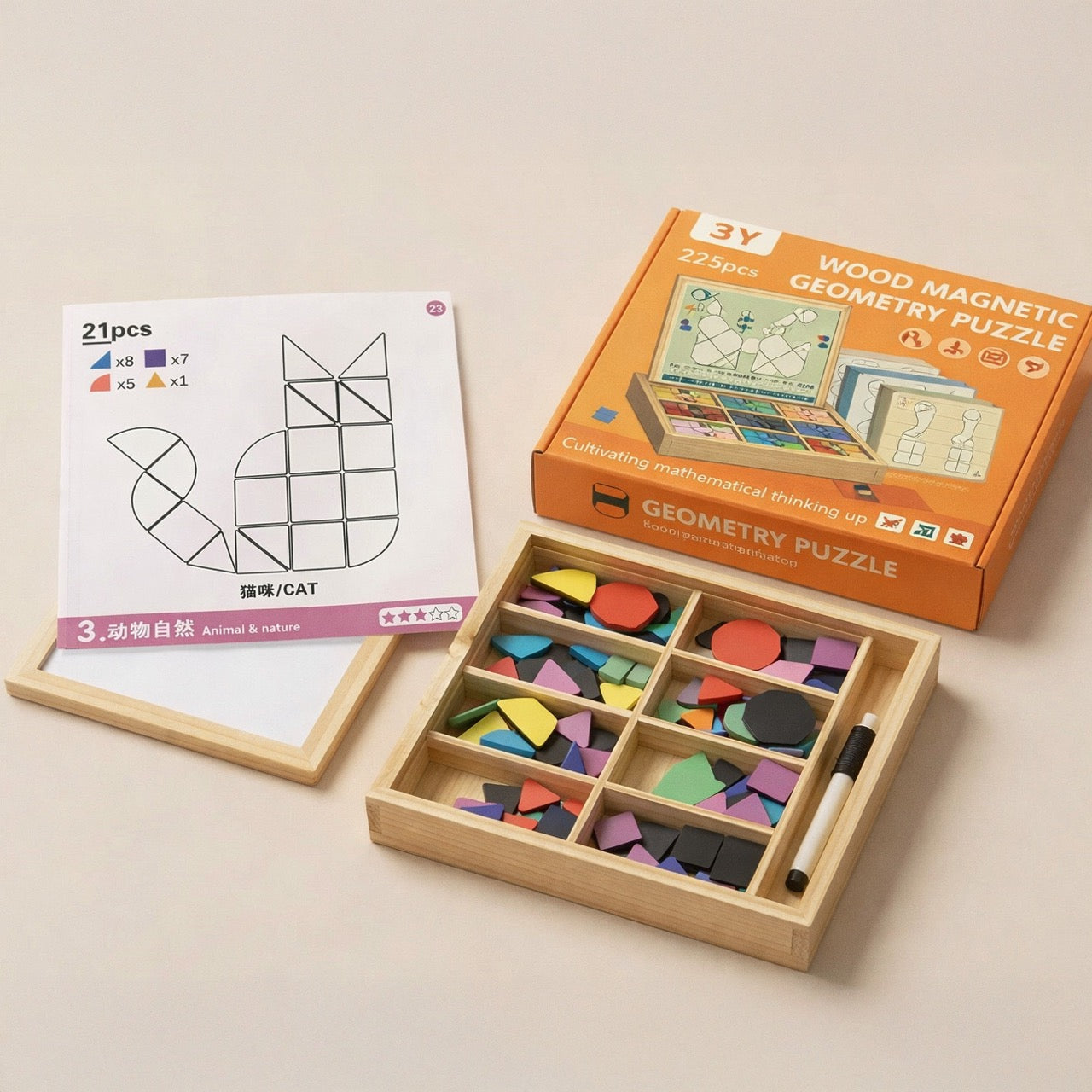 Retail packaging for Wood Magnetic Geometry Puzzle for kids aged 3 and up with pattern cards.