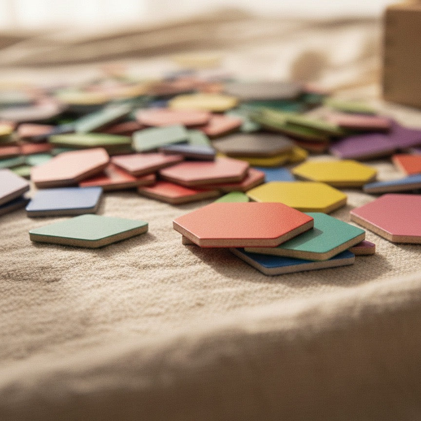 Close-up of colorful wooden hexagonal and diamond-shaped magnetic blocks on a neutral fabric.